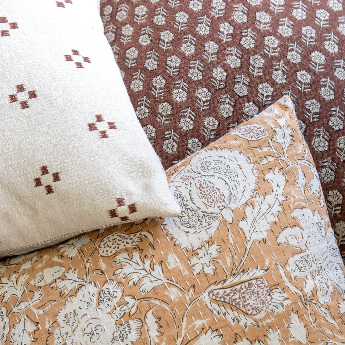 Designer "Cedros" Block Print Kantha Quilted Pillow Cover
