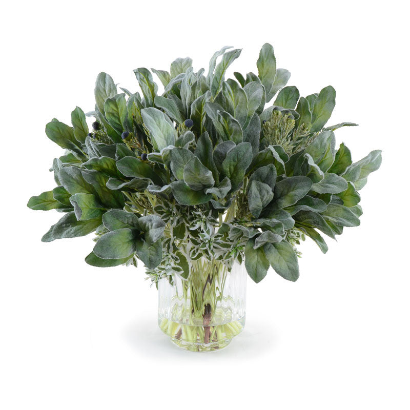 ARTIFICIAL LAMB'S EAR/PROTEA/EUPHORBIA ARRANGEMENT IN GLASS